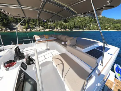 Cockpit of Joie De Vivre, a Bali 4.6 catamaran at Seget Donji, Croatia