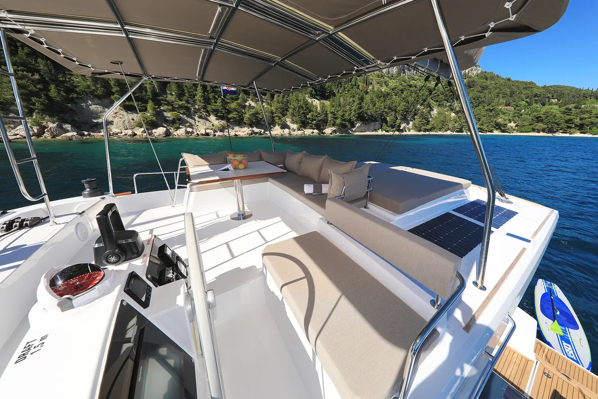 Cockpit of Joie De Vivre, a Bali 4.6 catamaran at Seget Donji, Croatia