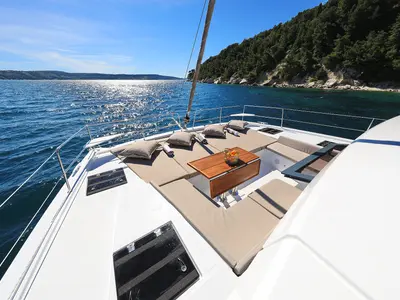 Deck of Joie De Vivre, a Bali 4.6 catamaran at Seget Donji, Croatia