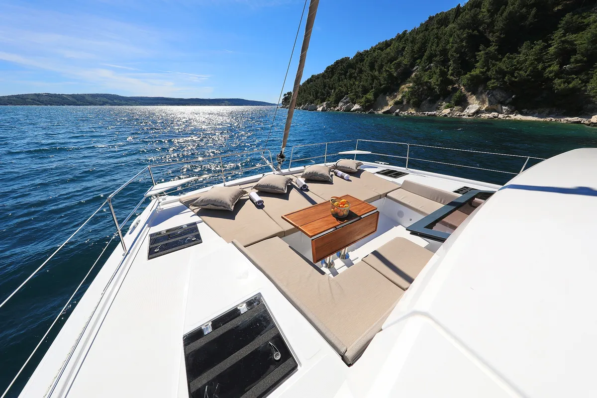 Deck of Joie De Vivre, a Bali 4.6 catamaran at Seget Donji, Croatia
