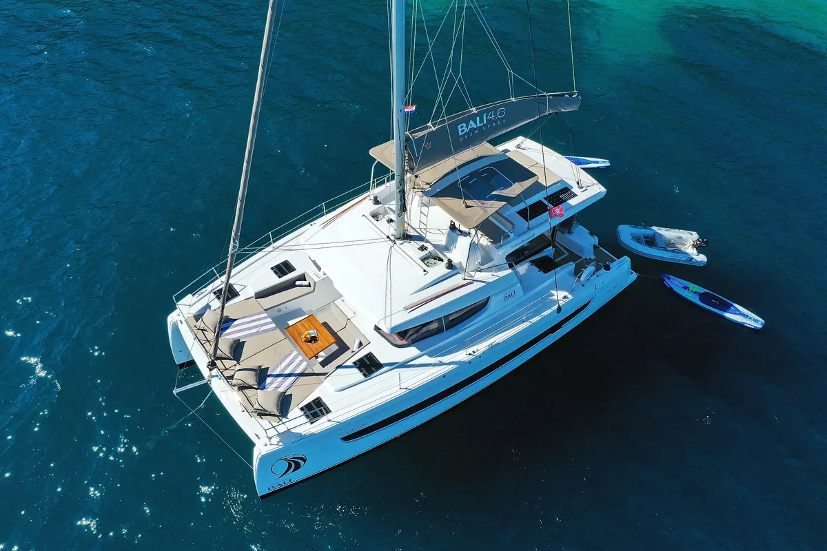 Exterior view of Joie De Vivre, a Bali 4.6 catamaran at Seget Donji, Croatia