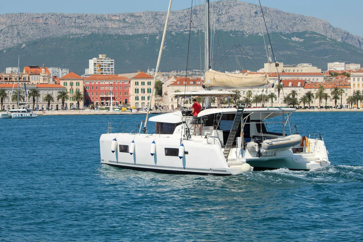 Exterior view of Poppy, a Lagoon 42 catamaran at Split, Croatia