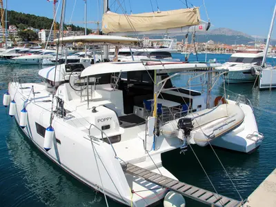 Cockpit of Poppy, a Lagoon 42 catamaran at Split, Croatia