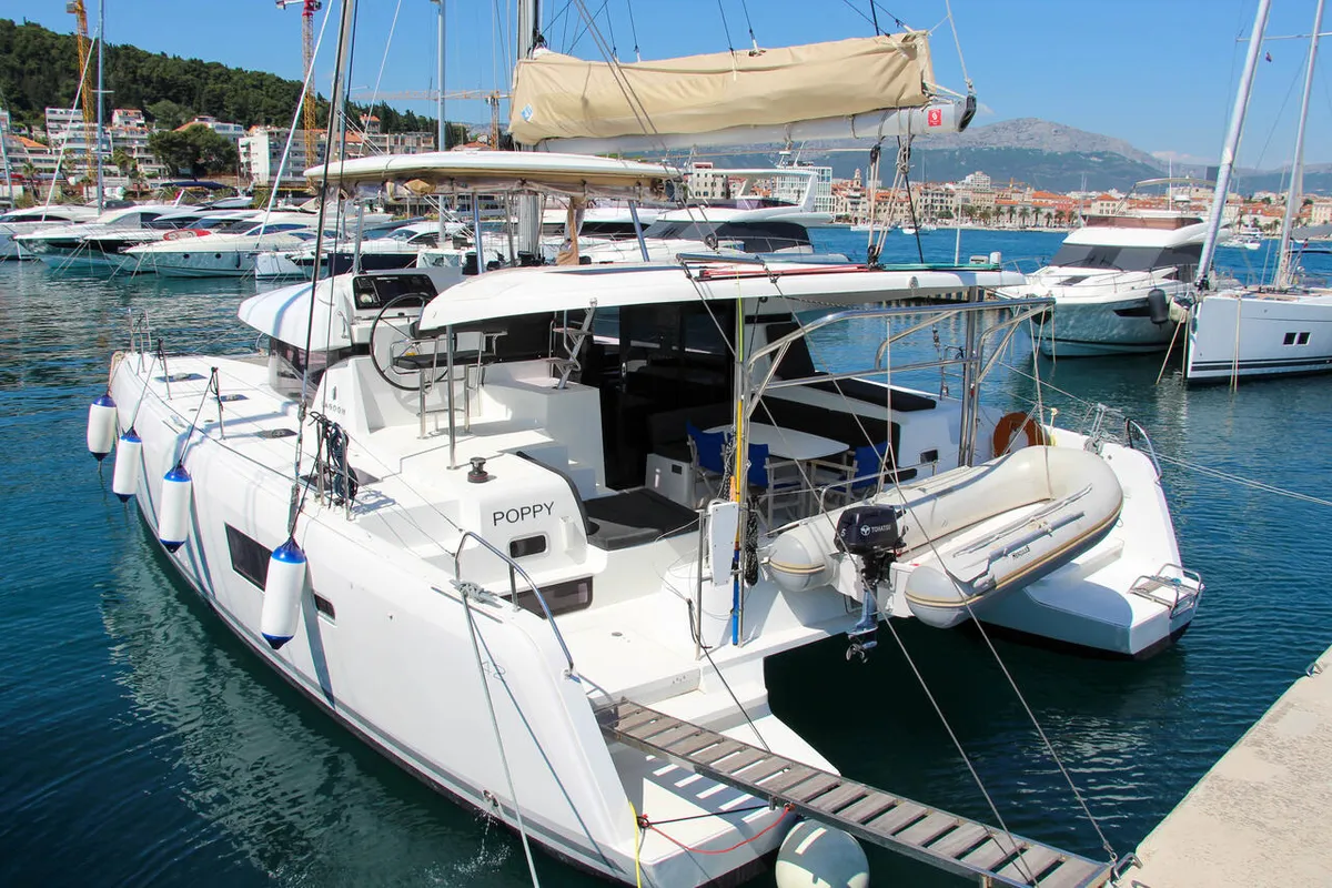 Cockpit of Poppy, a Lagoon 42 catamaran at Split, Croatia