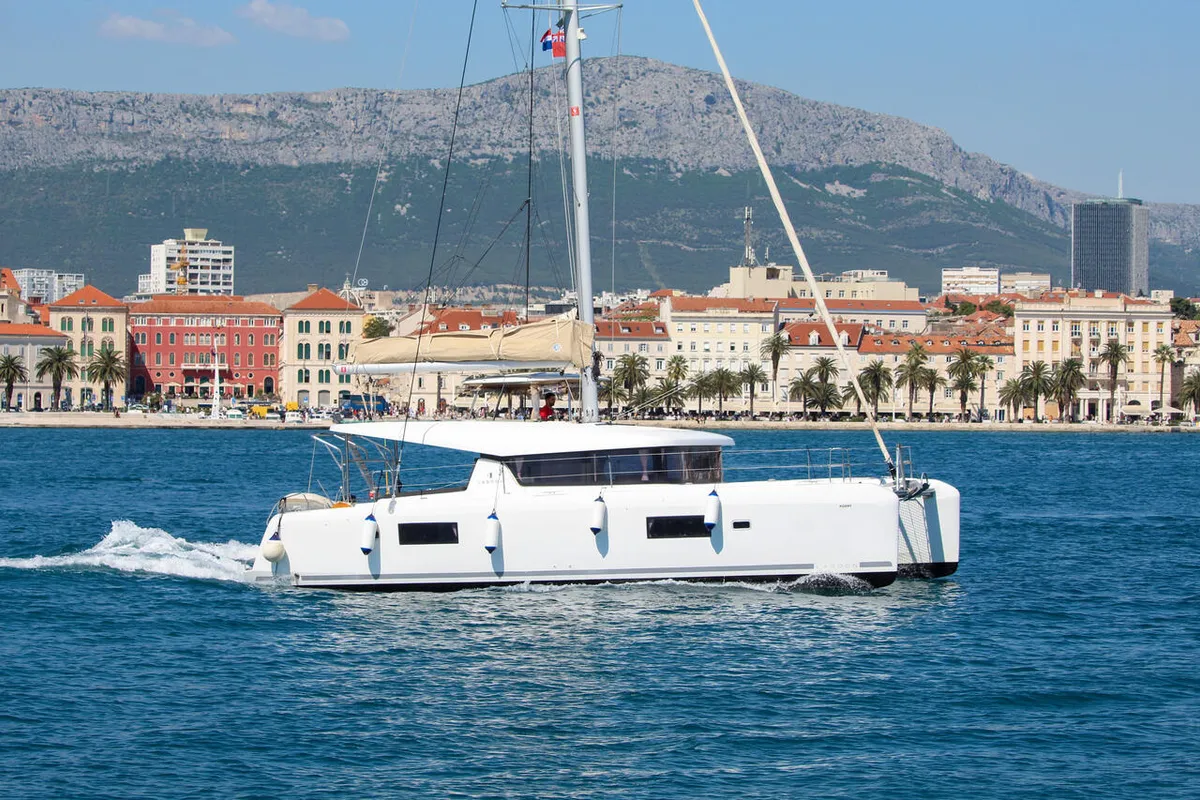 Exterior view of Poppy, a Lagoon 42 catamaran at Split, Croatia