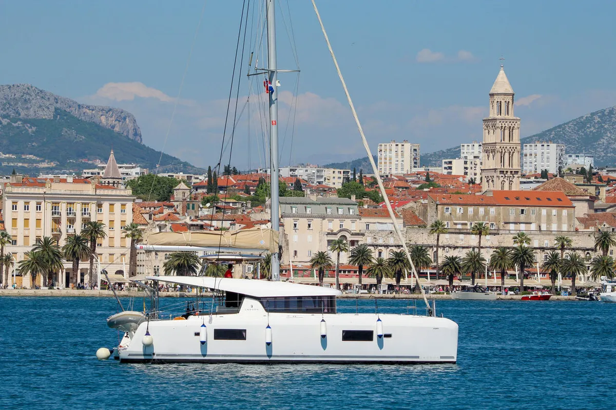 Exterior view of Poppy, a Lagoon 42 catamaran at Split, Croatia