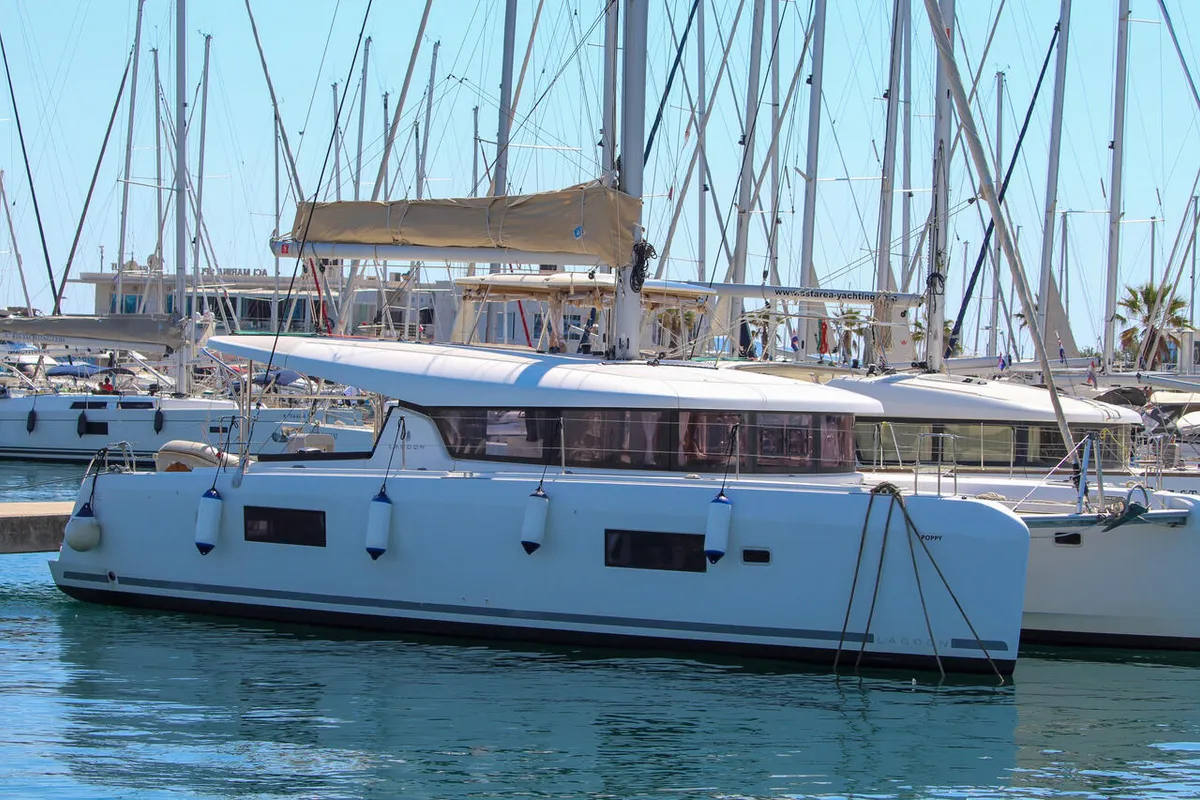 Deck of Poppy, a Lagoon 42 catamaran at Split, Croatia