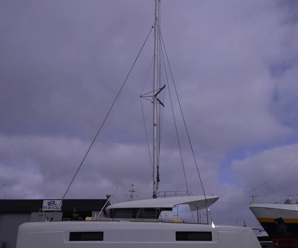 Exterior view of D Arros, a Lagoon 40 catamaran at Roche Caiman, Seychelles