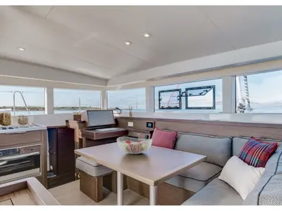 Salon of D Arros, a Lagoon 40 catamaran at Roche Caiman, Seychelles