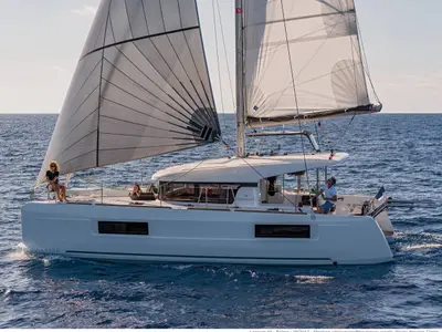 Exterior view of D Arros, a Lagoon 40 catamaran at Roche Caiman, Seychelles