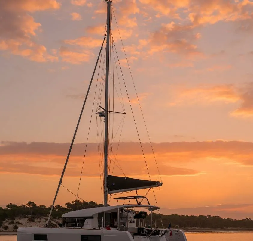 Exterior view of D Arros, a Lagoon 40 catamaran at Roche Caiman, Seychelles