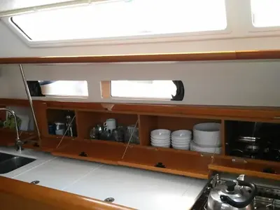 Galley of EVA, a Jeanneau Sun Odyssey 469 sailboat at Volos, Greece