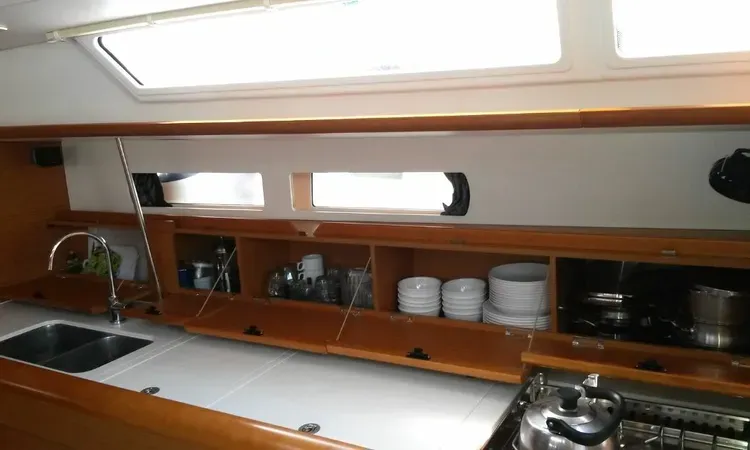 Galley of EVA, a Jeanneau Sun Odyssey 469 sailboat at Volos, Greece