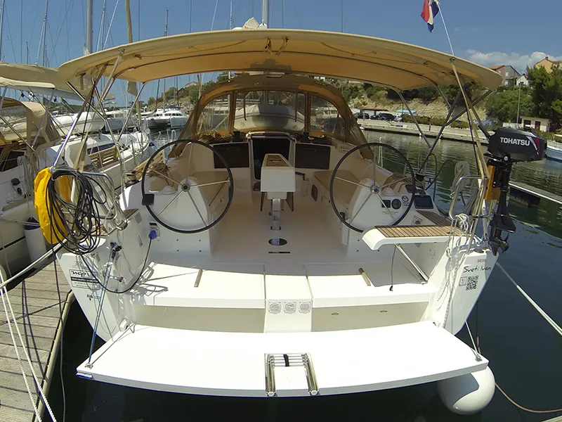Exterior view of Sveti Ivan, a Dufour 382 Grand Large sailboat at Grad Šibenik, Croatia