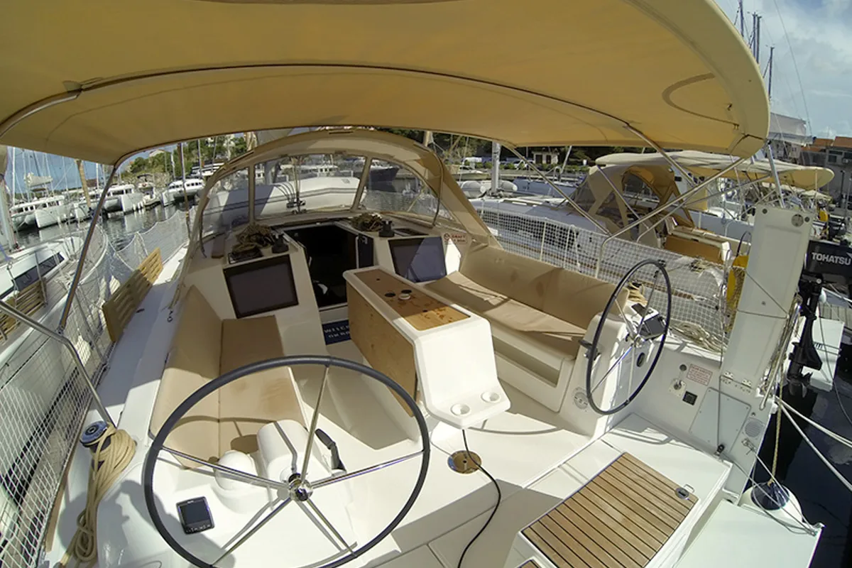 Cockpit of Amazing, a Dufour 412 GL sailboat at Grad Šibenik, Croatia