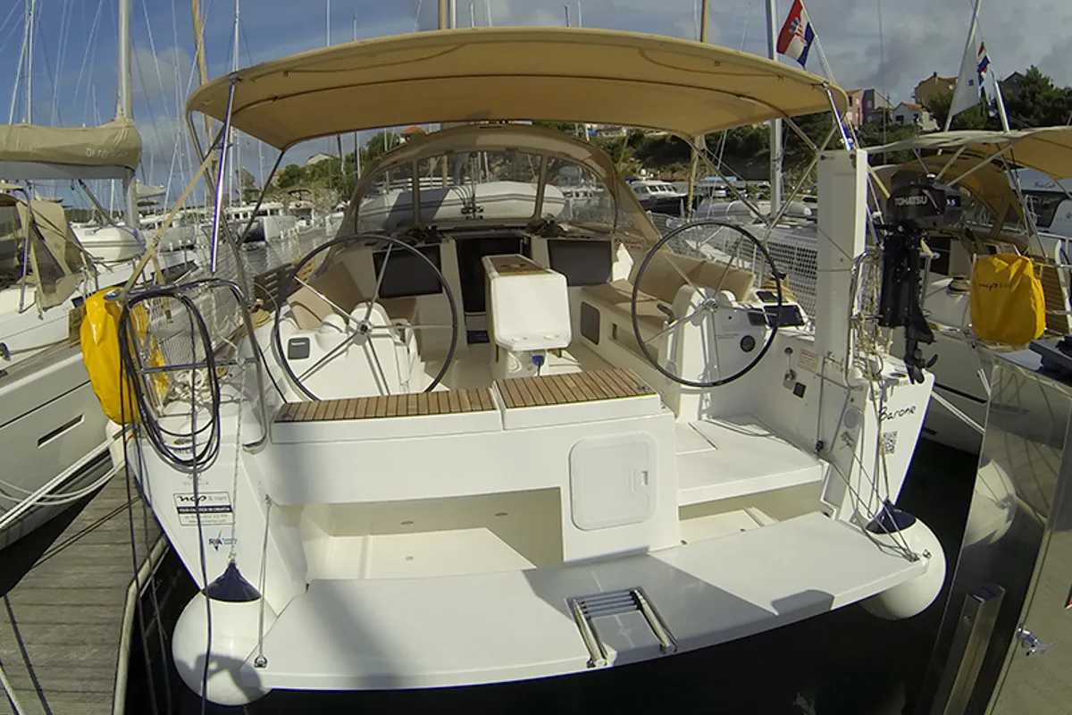Deck of Amazing, a Dufour 412 GL sailboat at Grad Šibenik, Croatia