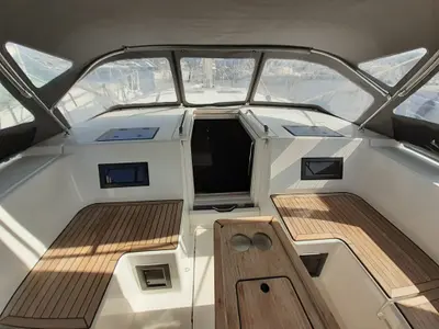 Deck of Aurora, a Bavaria C45 sailboat at Punta Ala, Italy