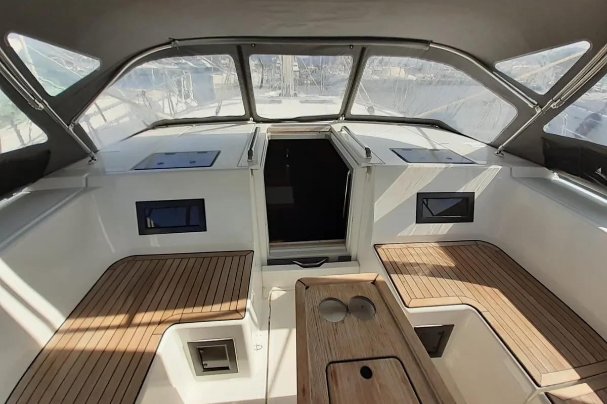 Deck of Aurora, a Bavaria C45 sailboat at Punta Ala, Italy