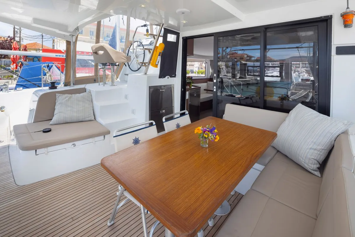 Deck of Lola, a Lagoon 42 catamaran at Municipal Unit of Lefkada, Greece