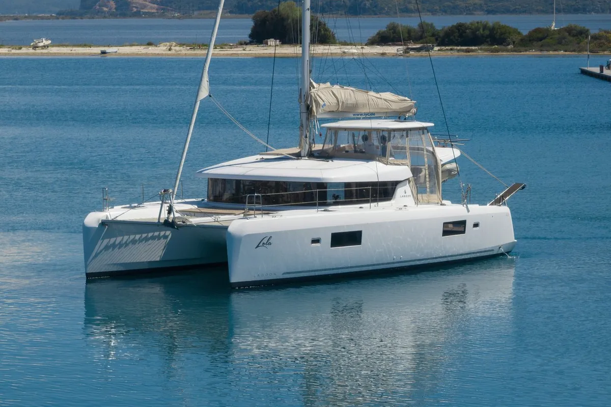 Exterior view of Lola, a Lagoon 42 catamaran at Municipal Unit of Lefkada, Greece