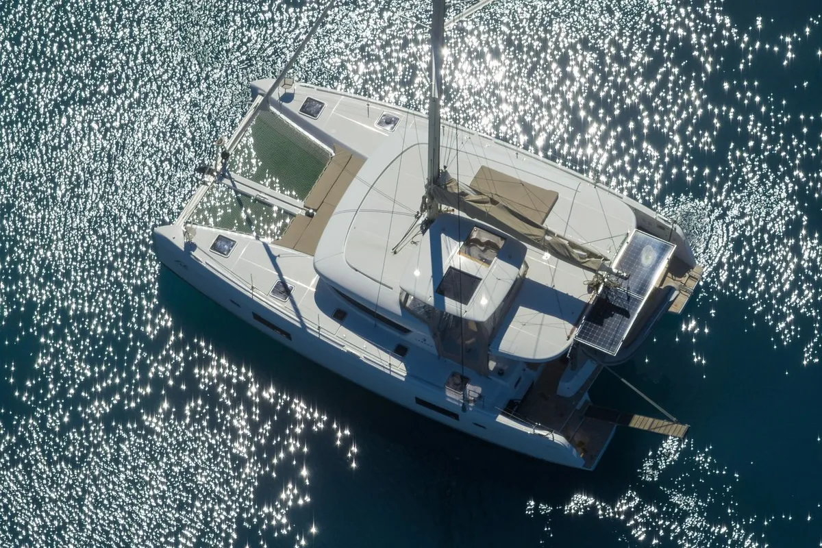 Exterior view of Lola, a Lagoon 42 catamaran at Municipal Unit of Lefkada, Greece