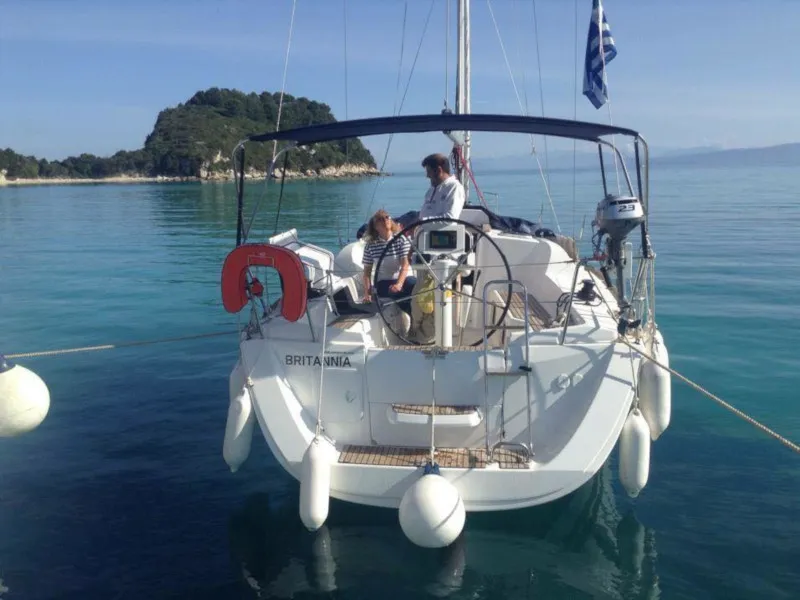 Exterior view of Britannia, a Jeanneau Sun Odyssey 33i sailboat at Kontokali, Greece