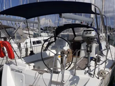 Cockpit of Britannia, a Jeanneau Sun Odyssey 33i sailboat at Kontokali, Greece