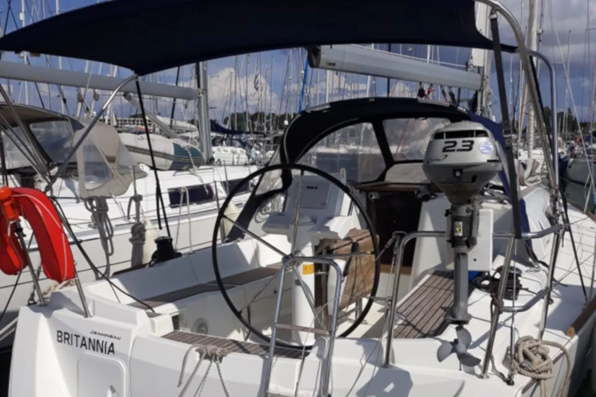 Cockpit of Britannia, a Jeanneau Sun Odyssey 33i sailboat at Kontokali, Greece