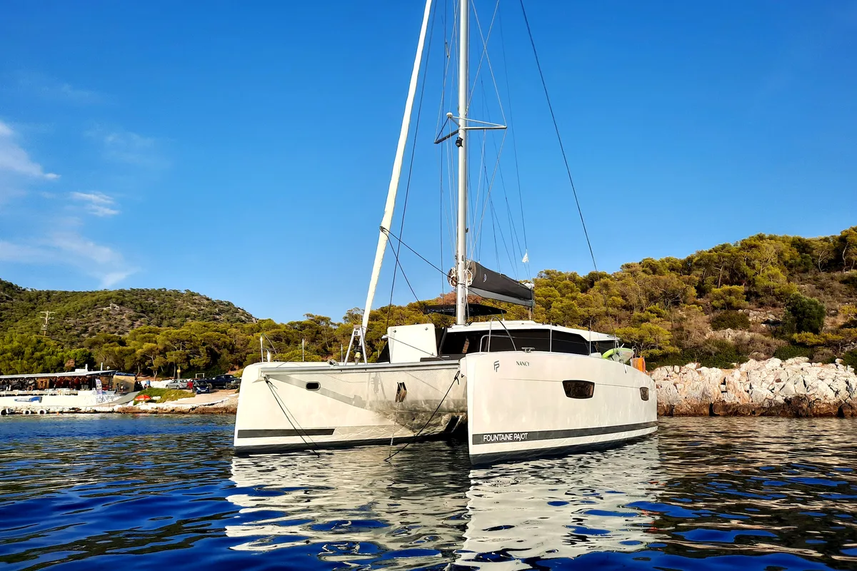 Exterior view of Nancy, a Fountaine Pajot Astréa 42 catamaran at Athens, Greece