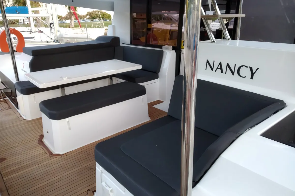 Deck of Nancy, a Fountaine Pajot Astréa 42 catamaran at Athens, Greece