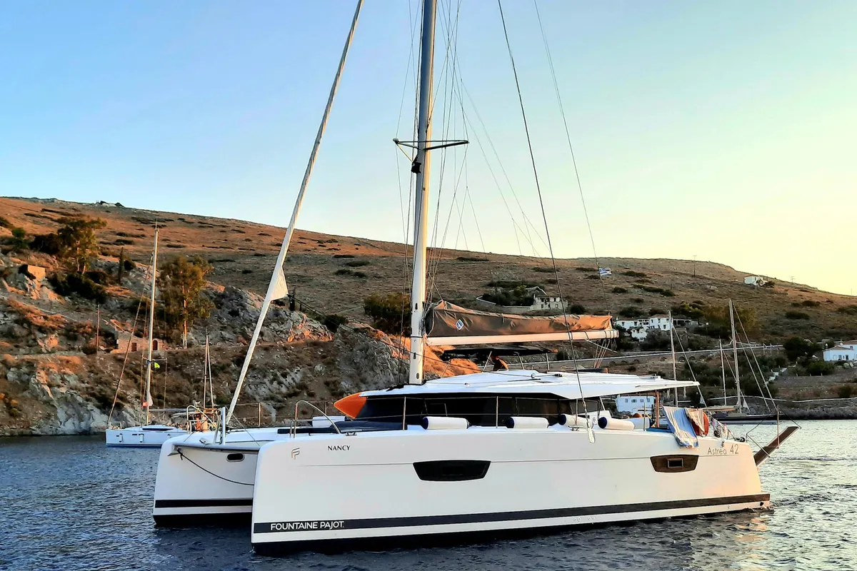 Exterior view of Nancy, a Fountaine Pajot Astréa 42 catamaran at Athens, Greece