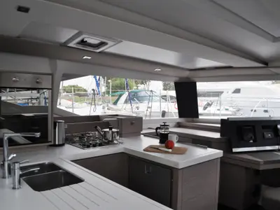 Galley of Nancy, a Fountaine Pajot Astréa 42 catamaran at Athens, Greece