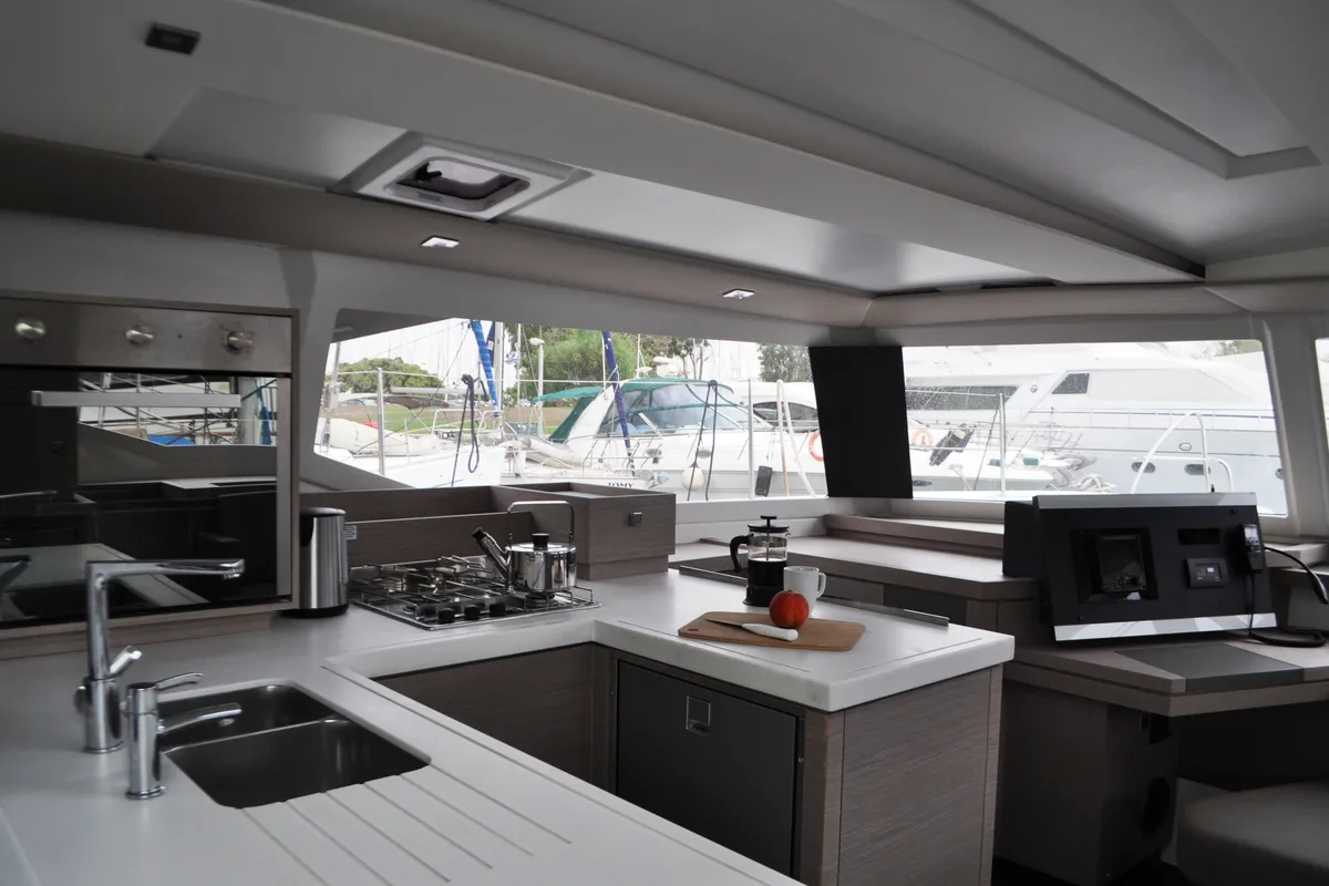 Galley of Nancy, a Fountaine Pajot Astréa 42 catamaran at Athens, Greece