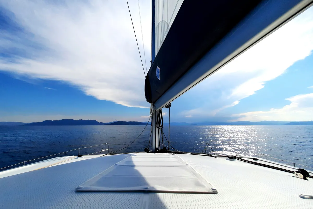 Deck of Nancy, a Fountaine Pajot Astréa 42 catamaran at Athens, Greece