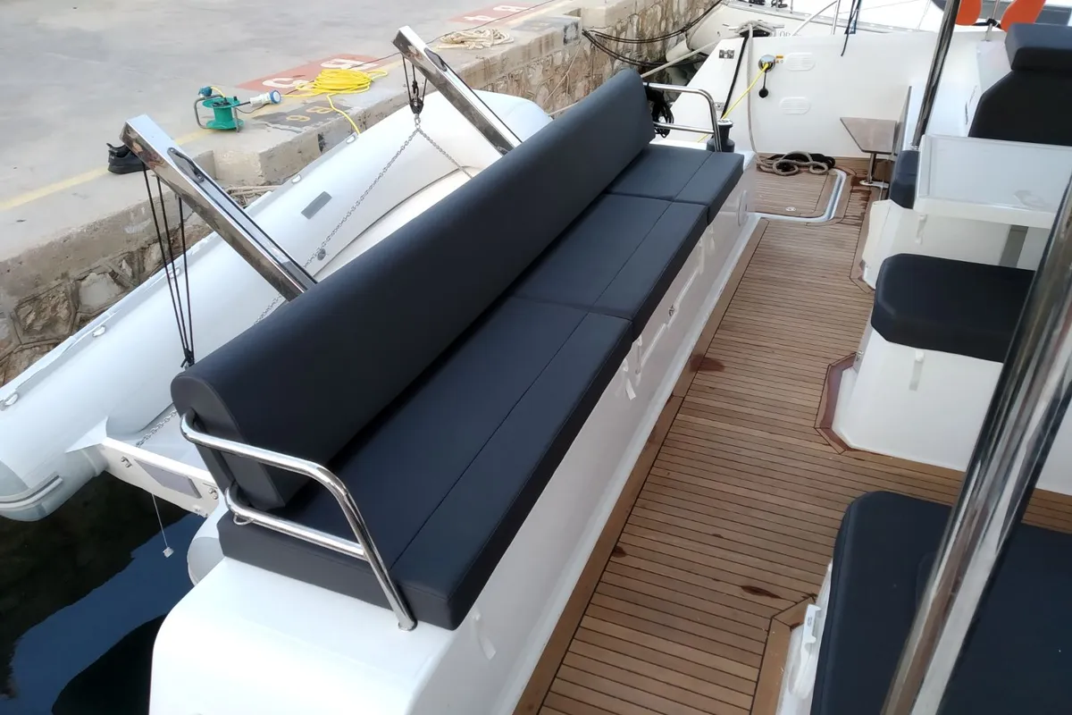Deck of Nancy, a Fountaine Pajot Astréa 42 catamaran at Athens, Greece