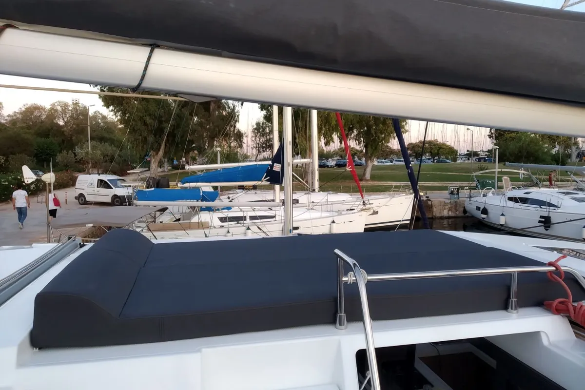 Deck of Nancy, a Fountaine Pajot Astréa 42 catamaran at Athens, Greece