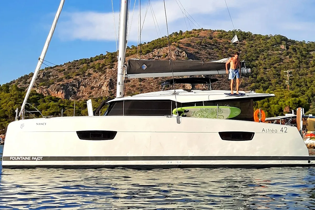 Exterior view of Nancy, a Fountaine Pajot Astréa 42 catamaran at Athens, Greece