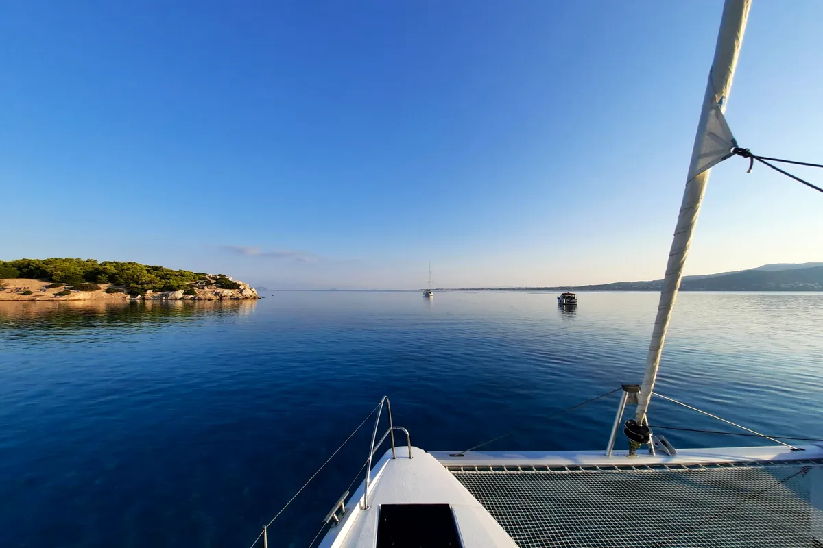 Deck of Nancy, a Fountaine Pajot Astréa 42 catamaran at Athens, Greece