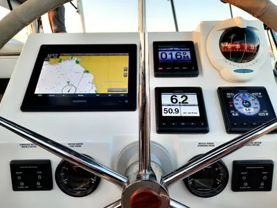 Cockpit of Nancy, a Fountaine Pajot Astréa 42 catamaran at Athens, Greece