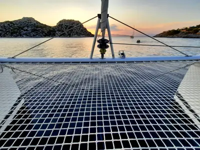 Deck of Nancy, a Fountaine Pajot Astréa 42 catamaran at Athens, Greece