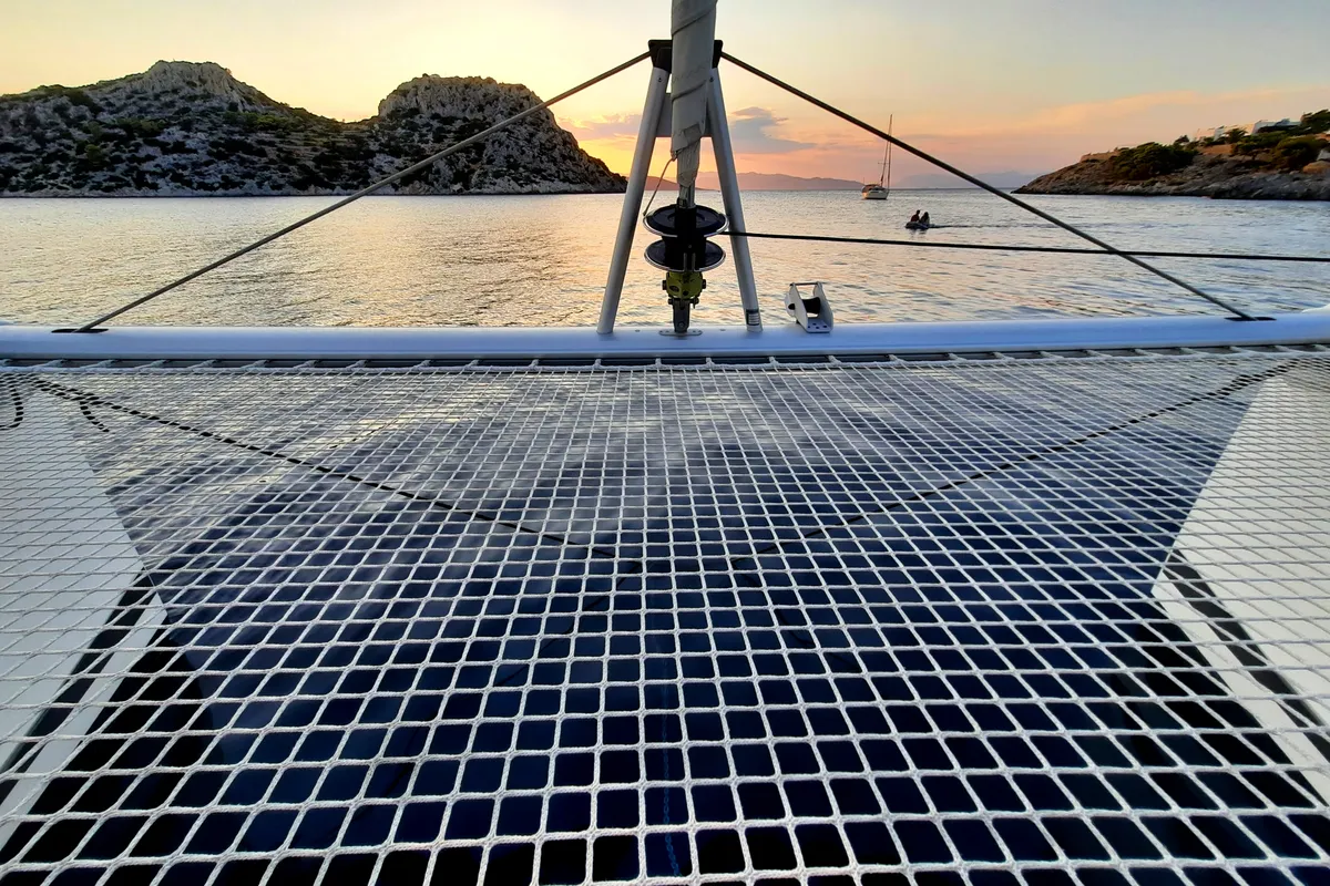 Deck of Nancy, a Fountaine Pajot Astréa 42 catamaran at Athens, Greece