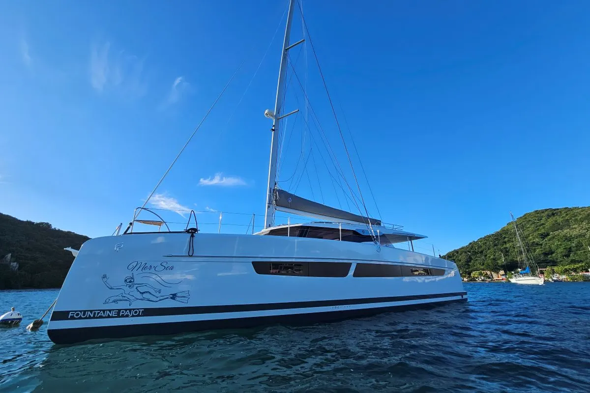 Exterior view of Mer Sea, a Fountaine Pajot Aura 51 catamaran at Charlotte Amalie, United States