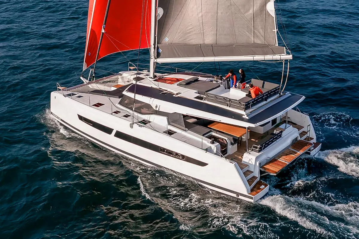 Exterior view of Mer Sea, a Fountaine Pajot Aura 51 catamaran at Charlotte Amalie, United States