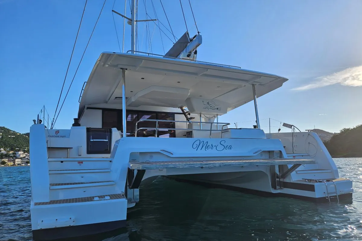Exterior view of Mer Sea, a Fountaine Pajot Aura 51 catamaran at Charlotte Amalie, United States