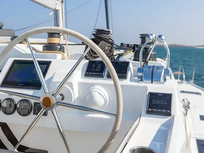 Cockpit of Mer Sea, a Fountaine Pajot Aura 51 catamaran at Charlotte Amalie, United States