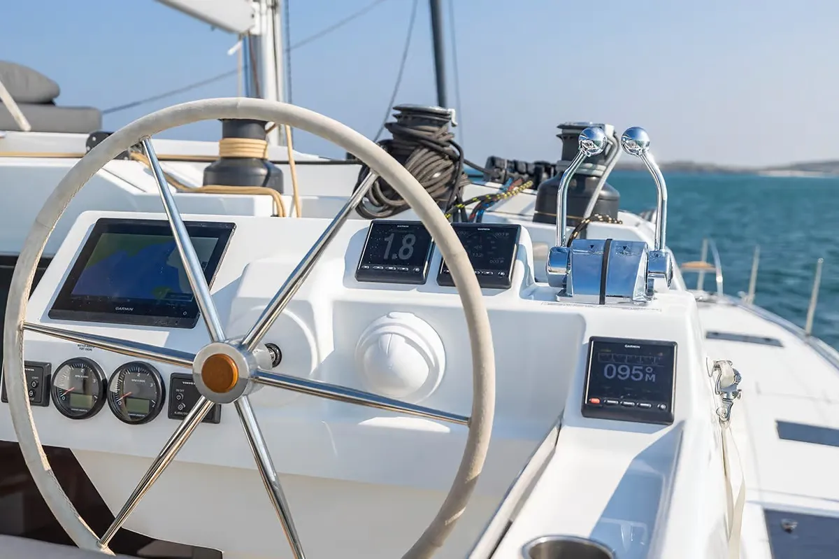 Cockpit of Mer Sea, a Fountaine Pajot Aura 51 catamaran at Charlotte Amalie, United States