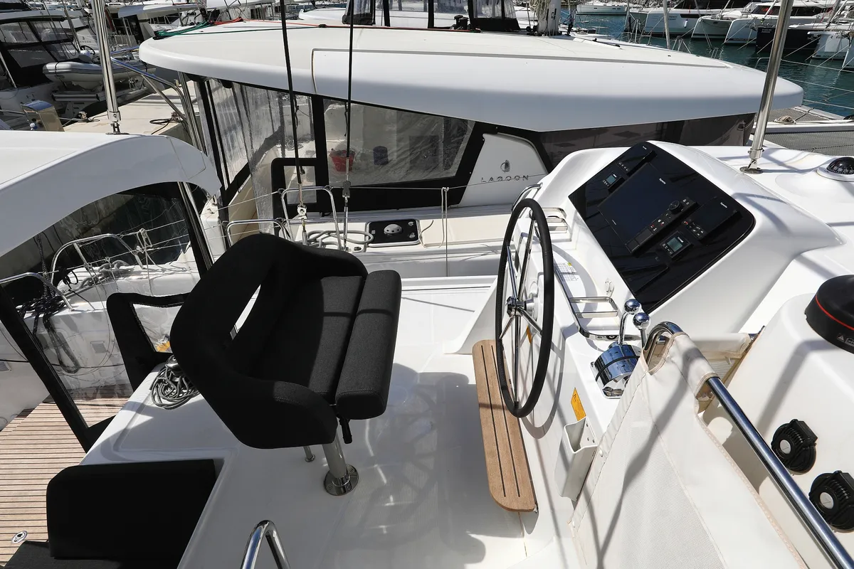 Cockpit of Family Time, a Lagoon 42 catamaran at Sukošan, Croatia
