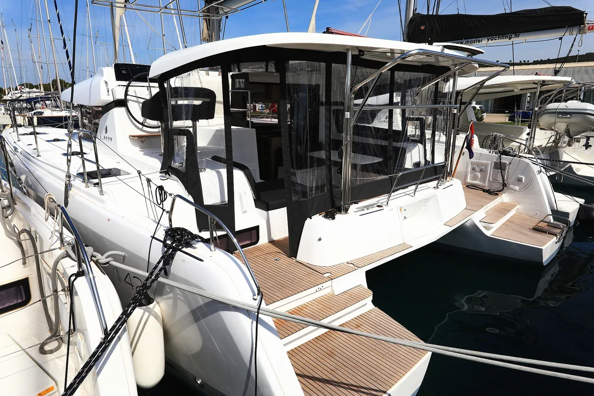 Deck of Family Time, a Lagoon 42 catamaran at Sukošan, Croatia