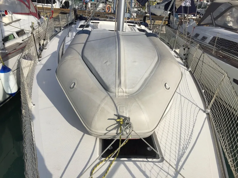 Deck of Alioth, a Bavaria Cruiser 41 sailboat at Olbia, Italy