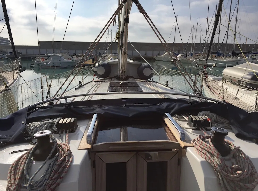 Deck of Alioth, a Bavaria Cruiser 41 sailboat at Olbia, Italy